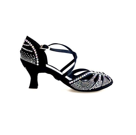 SCARPA DA BALLO DA DONNA IN RASO SETA NERO CON SWAROVSKI BOREALI CINTURINO INCROCIATO SUL COLLOPIEDE TACCO, vista laterale