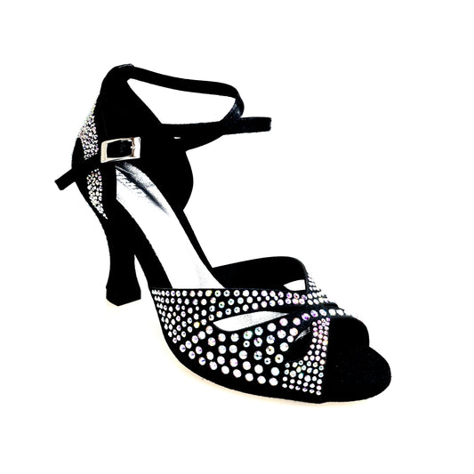 Scarpa da ballo donna in raso seta nera con Swarovski, cinturino incrociato alla caviglia e tacco a rocchetto, modello Deluxe Mariposa.