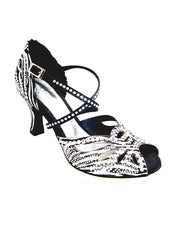 Carica immagine nella Galleria, Scarpa da ballo donna DADA Zebra Diamond PLUS QC in raso seta zebrato con cinturino Swarovski e tacco a rocchetto.