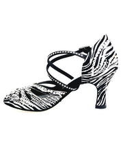 Carica immagine nella Galleria, Scarpa da ballo donna DADA Zebra Diamond PLUS QC in raso seta zebrato con cinturino Swarovski e tacco a rocchetto