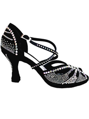 Carica immagine nella Galleria, DADA Diamond PLUS QC (L55) - Scarpa da Ballo da Donna in Raso Seta Nero cinturino incrociato sul collopiede con Swarovski boreali anche sul cinturino tacco a Rocchetto