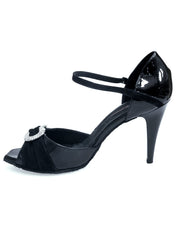 Load image into Gallery viewer, GILDA SW F.626 (R.L. by WISHDANCE) Sandalo da Donna in Pelle di Vernice nera Camoscio Nero con Gioiello Swarovski Kristall incastonato tacco a Spillo Largo