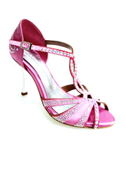 Carica immagine nella Galleria, CAMILA Superb (accollata) L13 - Scarpa da Ballo in Raso Seta Rosa Fuxia con Swarovski Boreali e Tacco a Stiletto Squadrato Sottile  Laminato Argento