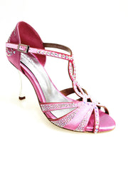 Carica immagine nella Galleria, CAMILA Superb (accollata) L13 - Scarpa da Ballo in Raso Seta Rosa Fuxia con Swarovski Boreali e Tacco a Stiletto Squadrato Sottile  Laminato Argento