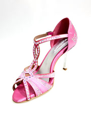 Carica immagine nella Galleria, CAMILA Superb (accollata) L13 - Scarpa da Ballo in Raso Seta Rosa Fuxia con Swarovski Boreali e Tacco a Stiletto Squadrato Sottile  Laminato Argento