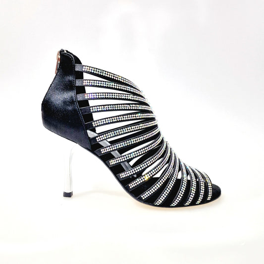 Sandalo a tronchetto da donna ElsY Plus (L7) in raso seta nero con Swarovski Boreali e tacco a stiletto squadrato laminato argento