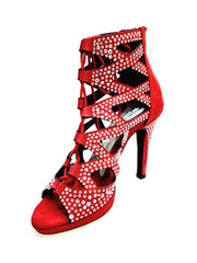 Carica immagine nella Galleria, Olimpya Confort Plus - Sandalo a Tronchetto in Camoscio Rosso con Swarovski Boreali e Tacco alto a Spillo largo