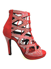 Carica immagine nella Galleria, Olimpya Confort Plus - Sandalo a Tronchetto in Camoscio Rosso con Swarovski Boreali e Tacco alto a Spillo largo