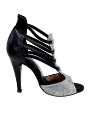 Carica immagine nella Galleria, Lilith (460) - Sandalo da Donna in tessuto Prisma Boreale Silver con Tallone e Tacco a Spillo in Pelle Nera Wishdance