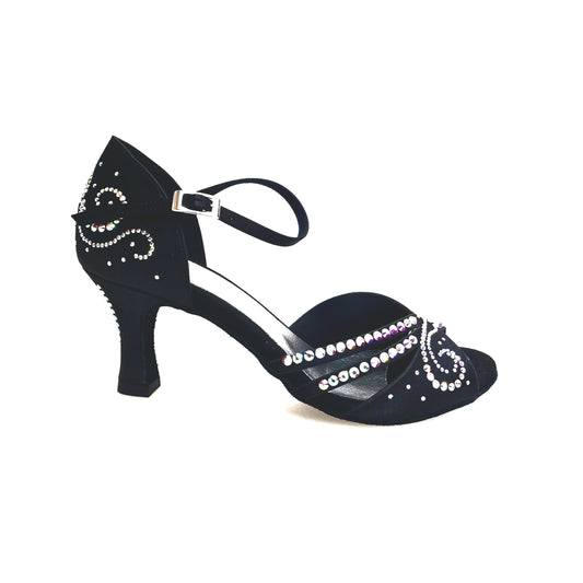 Scarpa da ballo Martina L10 in raso seta nero con Swarovski Boreali e tacco a rocchetto, Wish Dance Shop.
