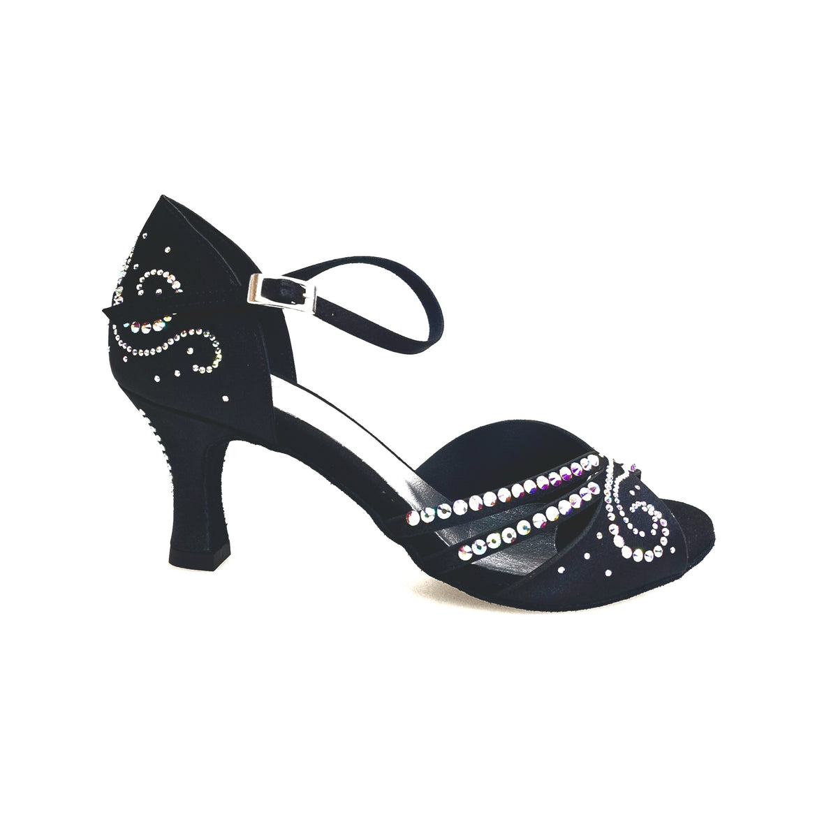 Scarpa da ballo Martina L10 in raso seta nero con Swarovski Boreali e tacco a rocchetto, Wish Dance Shop.