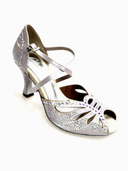 Carica immagine nella Galleria, DADA Diamond (L55) - Scarpa da Ballo Donna in Raso seta Argento con Cinturini incrociati sul Collopiede Swarovki Boreali Tacco a Rocchetto