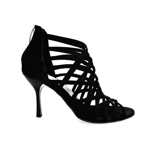 Scarpa da donna Wish Dance Shop Intrigo 780 in camoscio nero, tacco a stiletto smaltato nero con tallone in lurex nero.
