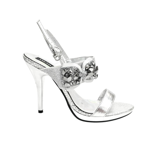 Sandalo con plateau e tacco a spillo largo DEMY Plt Silver F99 di Wish Dance Shop, dettaglio di suola e cinturino in argento
