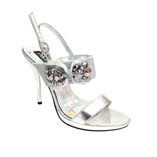 Sandalo con plateau e tacco a spillo largo DEMY Plt Silver F99 di Wish Dance Shop, dettaglio della tomaia e suola in vista