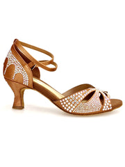 Carica immagine nella Galleria, Deluxe Butterfly (L2) - Scarpa da Ballo in Raso Seta Bronzo Tan con Swarovski e Tacco basso a Rocchetto