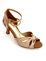 Carica immagine nella Galleria, Deluxe Butterfly (L2) - Scarpa da Ballo in Raso Seta Bronzo Tan con Swarovski e Tacco basso a Rocchetto