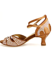 Carica immagine nella Galleria, Deluxe Butterfly (L2) - Scarpa da Ballo in Raso Seta Bronzo Tan con Swarovski e Tacco basso a Rocchetto