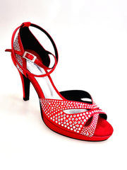 Load image into Gallery viewer, DELUXE MARIPOSA (LP102) - Scarpa da Ballo in Raso Seta Rosso Intenso con Swarovski Boreali Plateau Confort Flex e Tacco basso a Spillo Largo