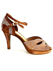 Carica immagine nella Galleria, DELUXE MARIPOSA (LP102) - Scarpa da Ballo in Raso Seta Bronzo Tan con Swarovski Tacco Basso a Spillo Largo e Plateau Flex