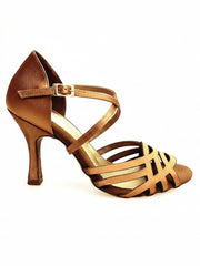 Carica immagine nella Galleria, CAROLIN SS QC (Marea L14SS) - Scarpa Da Donna Linea Tecnica Bi-Flex in Raso Seta Bronzo Tan e Tacco a Rocchetto Slim Latino Alto