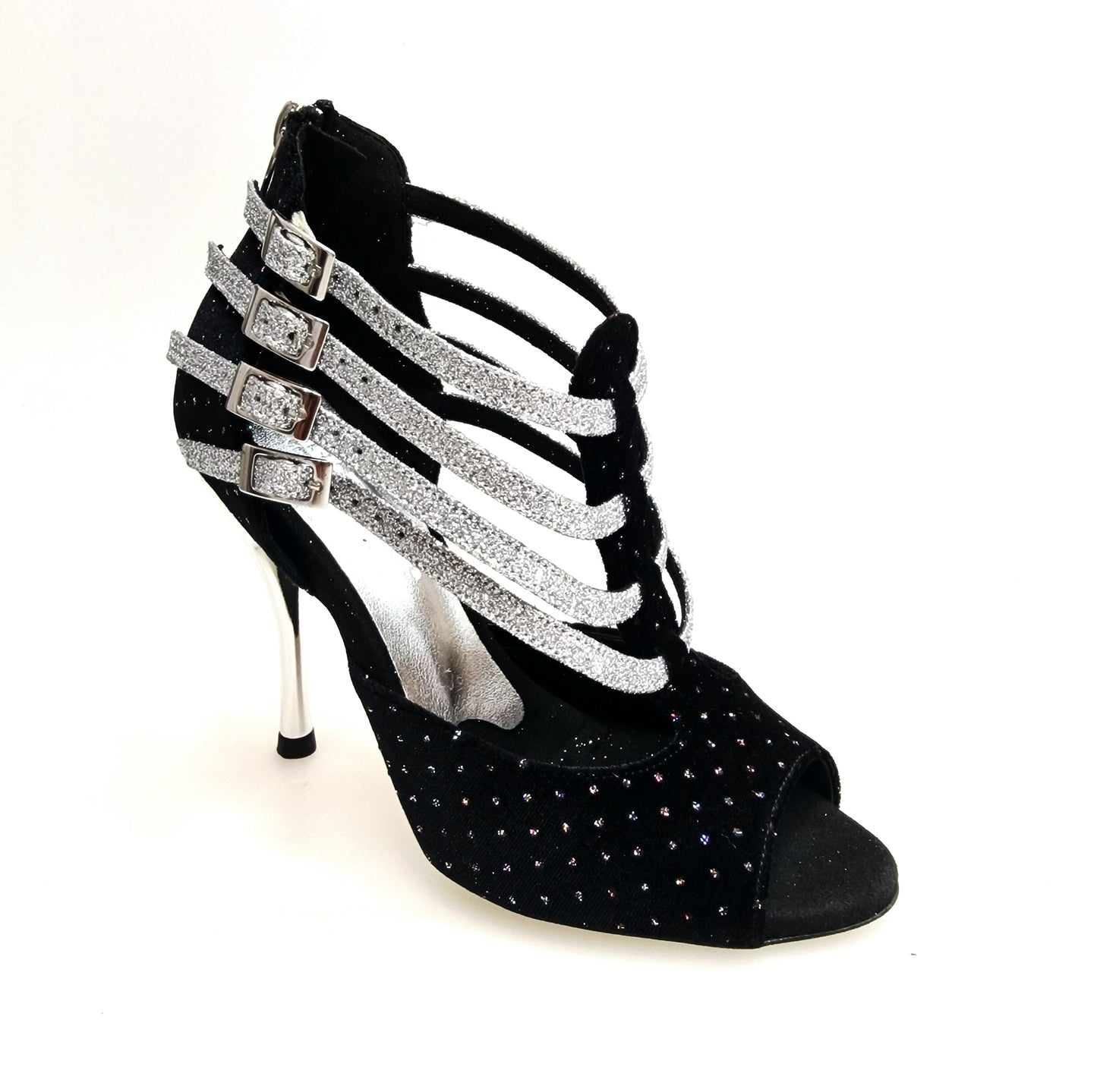 Scarpa da donna Lussuria (779) in velluto nero con punti luce boreali, cinturini glitter argento e tacco a spillo laminato argento