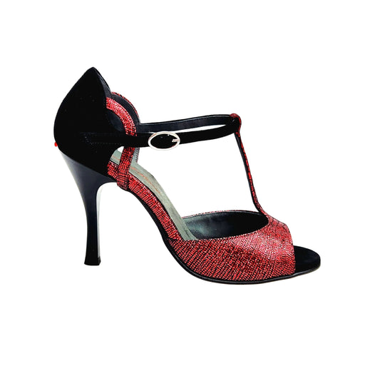 Sandalo da donna Wish Dance in camoscio nero e rosso Galleria, con tacco alto sottile e dettaglio rocchetto smaltato nero