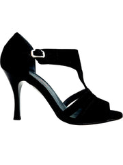 Load image into Gallery viewer, ROXINA (R.L. XENA By WISH DANCE ) - Sandalo da donna in camoscio nero con Tacco a Rocchettino Sottile Smaltato Nero