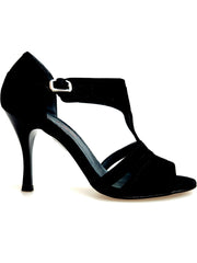 Carica immagine nella Galleria, ROXINA (R.L. XENA By WISH DANCE ) - Sandalo da donna in camoscio nero con Tacco a Rocchettino Sottile Smaltato Nero