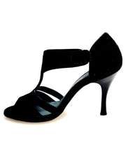 Carica immagine nella Galleria, ROXINA (R.L. XENA By WISH DANCE ) - Sandalo da donna in camoscio nero con Tacco a Rocchettino Sottile Smaltato Nero
