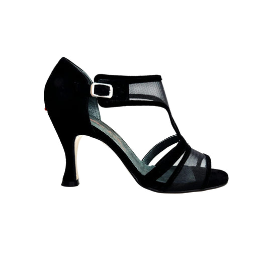 Sandalo donna ROXINA in camoscio nero con retina e tacco a rocchetto rotondo, marca Wish Dance.