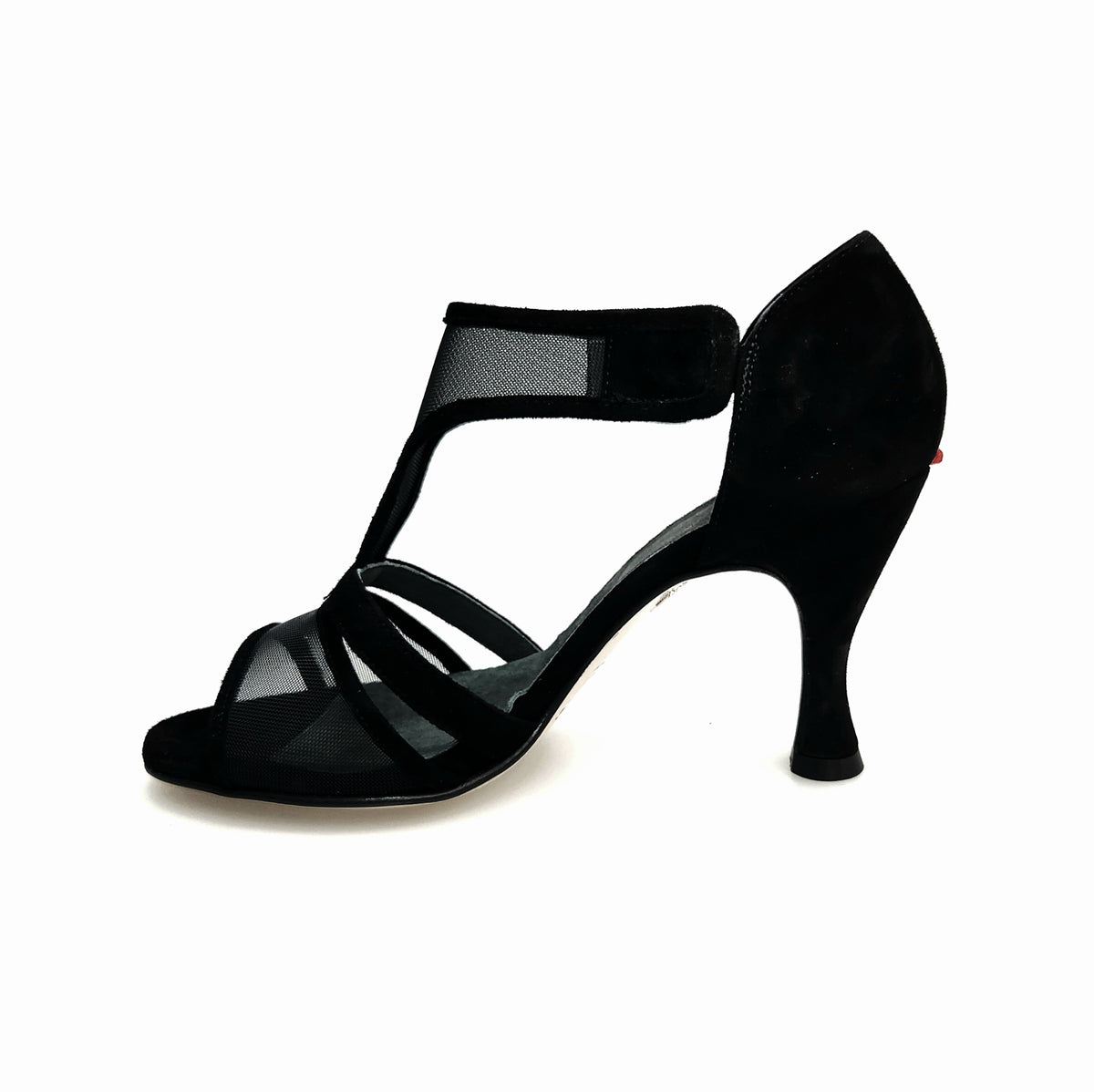 Sandalo donna ROXINA in camoscio nero con tacco a rocchetto rotondo, modello R.L. XENA di Wish Dance, vista frontale