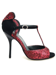 Carica immagine nella Galleria, BELL/C Plus Red Cuore SW Red F.30566 (R.L. by WISH DANCE) - Sandalo da donna in camoscio nero e Cuore di Swarovski Rosso e Galleria Rosso con Tacco a Spillo Sottite Smaltato nero