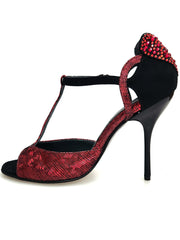 Carica immagine nella Galleria, BELL/C Plus Red Cuore SW Red F.30566 (R.L. by WISH DANCE) - Sandalo da donna in camoscio nero e Cuore di Swarovski Rosso e Galleria Rosso con Tacco a Spillo Sottite Smaltato nero