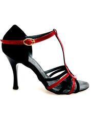 Carica immagine nella Galleria, DILETTA (R.L. T114 By WISH DANCE ) - Sandalo da Donna in Camoscio Nero Strisce sulla Pianta in Camoscio Nero e Vernice Rossa con Tacco a Rocchettino Sottile Smaltato Nero