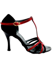 Carica immagine nella Galleria, DILETTA (R.L. T114 By WISH DANCE ) - Sandalo da Donna in Camoscio Nero Strisce sulla Pianta in Camoscio Nero e Vernice Rossa con Tacco a Rocchettino Sottile Smaltato Nero