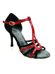 Carica immagine nella Galleria, DILETTA (R.L. T114 By WISH DANCE ) - Sandalo da Donna in Camoscio Nero Strisce sulla Pianta in Camoscio Nero e Vernice Rossa con Tacco a Rocchettino Sottile Smaltato Nero