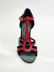 Carica immagine nella Galleria, DILETTA (R.L. T114 By WISH DANCE ) - Sandalo da Donna in Camoscio Nero Strisce sulla Pianta in Camoscio Nero e Vernice Rossa con Tacco a Rocchettino Sottile Smaltato Nero