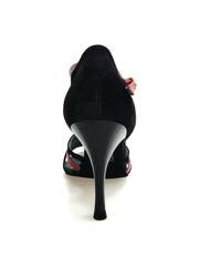 Carica immagine nella Galleria, DILETTA (R.L. T114 By WISH DANCE ) - Sandalo da Donna in Camoscio Nero Strisce sulla Pianta in Camoscio Nero e Vernice Rossa con Tacco a Rocchettino Sottile Smaltato Nero