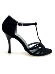 Carica immagine nella Galleria, RUBY (R.L. R119 By WISH DANCE ) - Sandalo da Donna in Camoscio Nero con Riga di Swarovski sul Tallone  con Tacco a Rocchettino Sottile Smaltato Nero