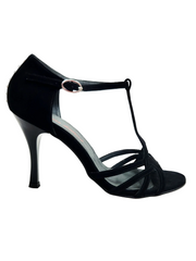 Carica immagine nella Galleria, RUBY (R.L. R119 By WISH DANCE ) - Sandalo da Donna in Camoscio Nero con Riga di Swarovski sul Tallone con Tacco a Rocchettino Sottile Smaltato Nero