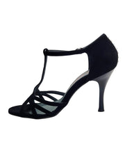 Carica immagine nella Galleria, RUBY (R.L. R119 By WISH DANCE ) - Sandalo da Donna in Camoscio Nero con Riga di Swarovski sul Tallone con Tacco a Rocchettino Sottile Smaltato Nero