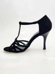Carica immagine nella Galleria, RUBY (R.L. R119 By WISH DANCE ) - Sandalo da Donna in Camoscio Nero con Riga di Swarovski sul Tallone  con Tacco a Rocchettino Sottile Smaltato Nero