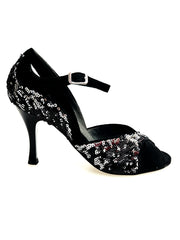 Carica immagine nella Galleria, AMINA/P  F.533 (R.L. by WISH DANCE) - Sandalo da donna Tallone in camoscio nero con applicazione di Paillettes Bicolore Silver e nero Nero con Tacco a Rocchettino Smaltato nero