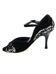 Carica immagine nella Galleria, AMINA/P  F.533 (R.L. by WISH DANCE) - Sandalo da donna Tallone in camoscio nero con applicazione di Paillettes Bicolore Silver e nero Nero con Tacco a Rocchettino Smaltato nero