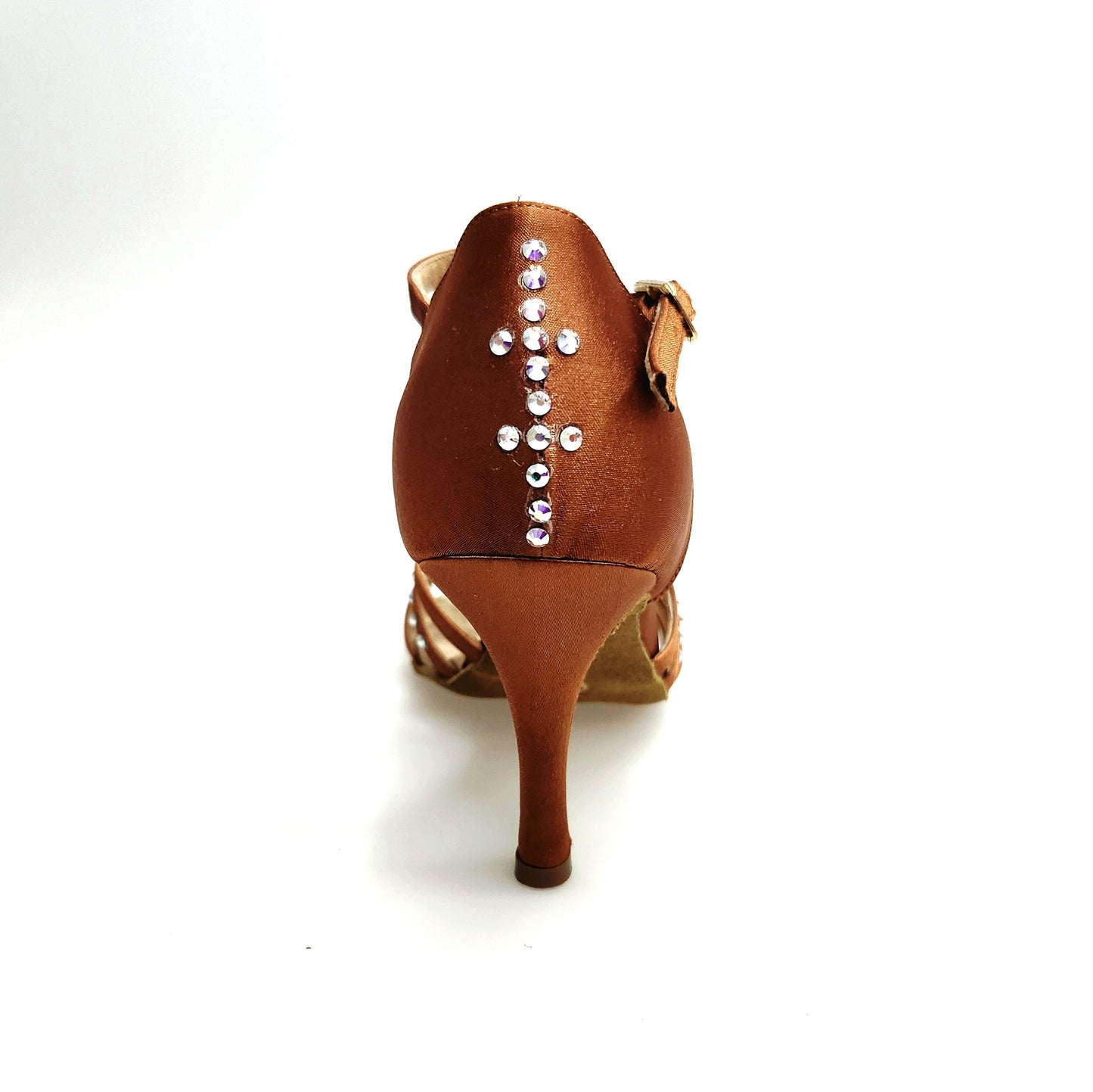 Sandalo Donna DILETTA Plus SW in raso seta bronzo tan con strisce sulla pianta, tacco a rocchetto e applicazioni Swarovski.