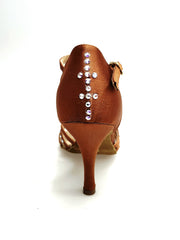 Carica immagine nella Galleria, DILETTA Plus SW (R.L. T114 By WISH DANCE ) - Sandalo da Donna in Raso Seta Bronzo Tan Strisce sulla Pianta in Raso Seta Bronzo Tan Applicazione di Swarovski Boreali con Tacco a Rocchettino Sottile