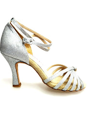 Carica immagine nella Galleria, Patty QB (28QB) - Scarpa da Ballo Basica da Donna con Nodino in Glitter Argento Tacco a Rocchetto Wishdance
