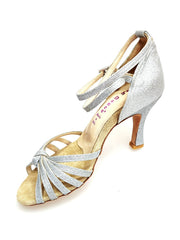 Carica immagine nella Galleria, Patty QB (28QB) - Scarpa da Ballo Basica da Donna con Nodino in Glitter Argento Tacco a Rocchetto Wishdance