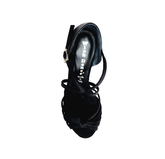 Scarpa donna Patty QC Wish Dance Shop in raso nero con 6 fascette, cinturino incrociato, tacco basso a spillo largo, elegante.